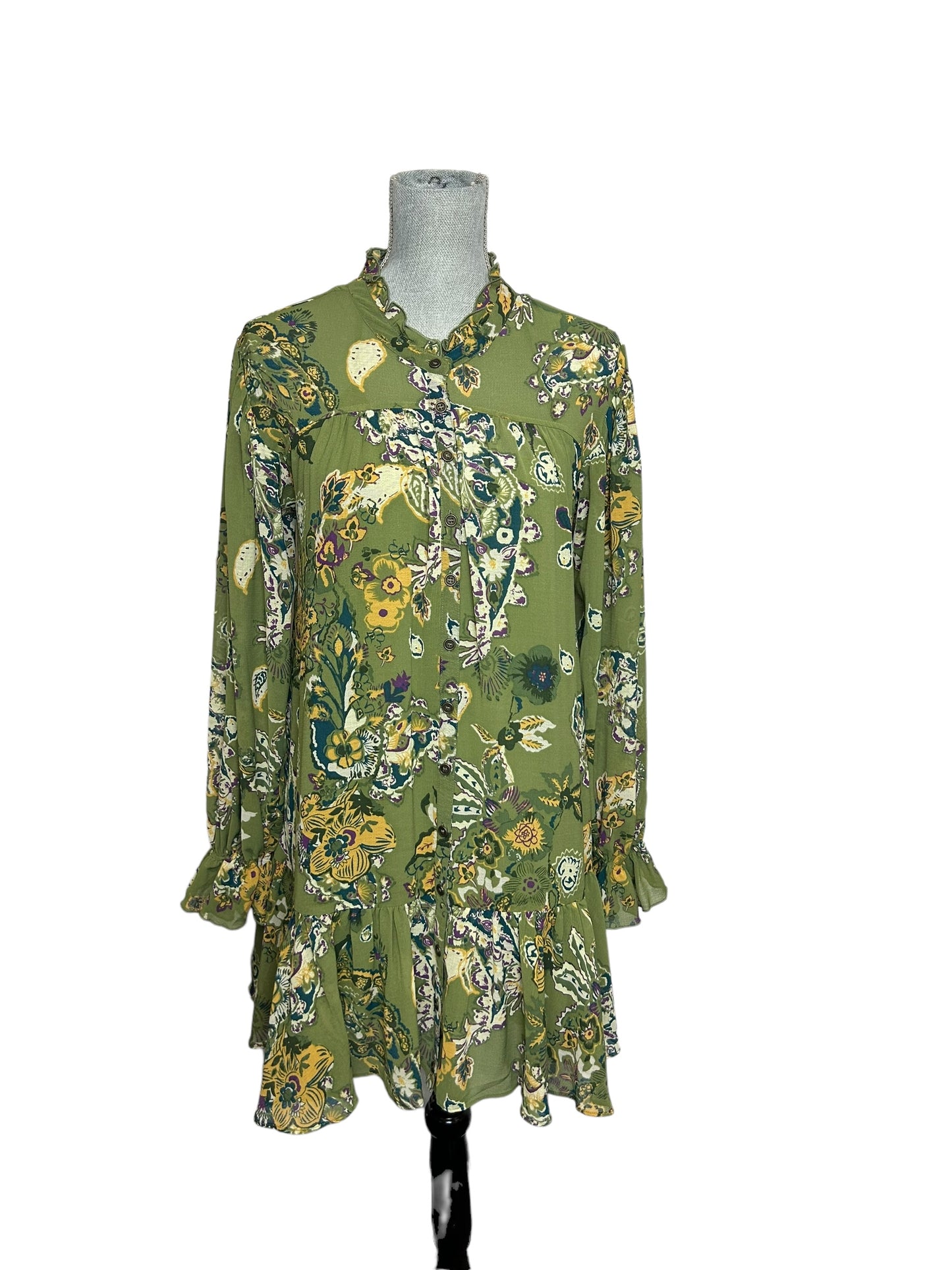 Free People Ruffle Neck Long Sleeve Women's Dress Floral Green - Size XS