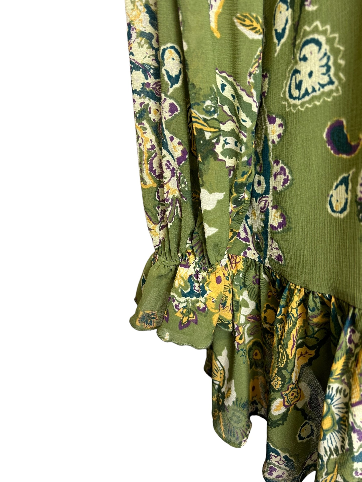 Free People Ruffle Neck Long Sleeve Women's Dress Floral Green - Size XS