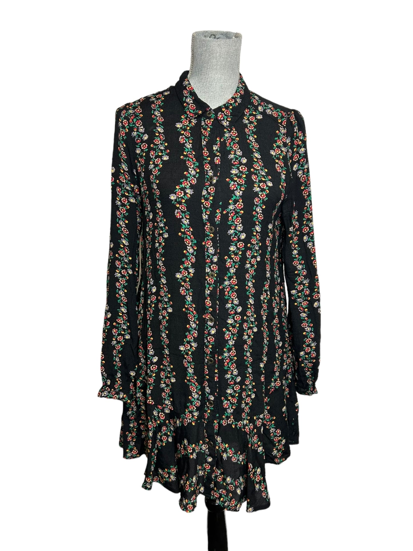 Free People Button Up Women's Dress Floral Black - Size Extra Small