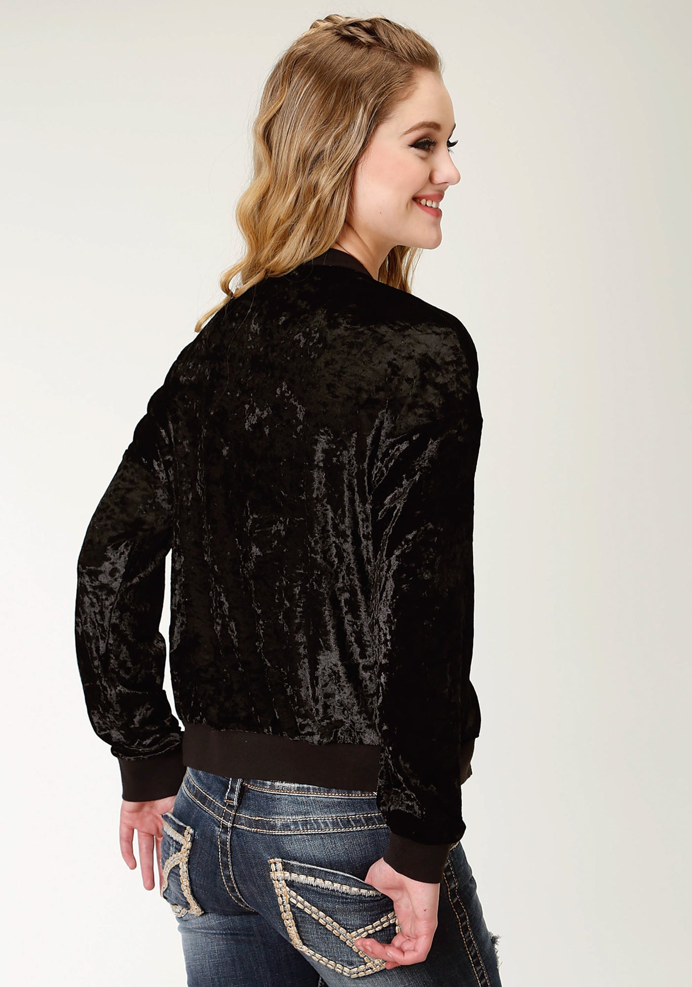 Roper Ladies Crushed Velvet Bomber Jacket Black - Size Large