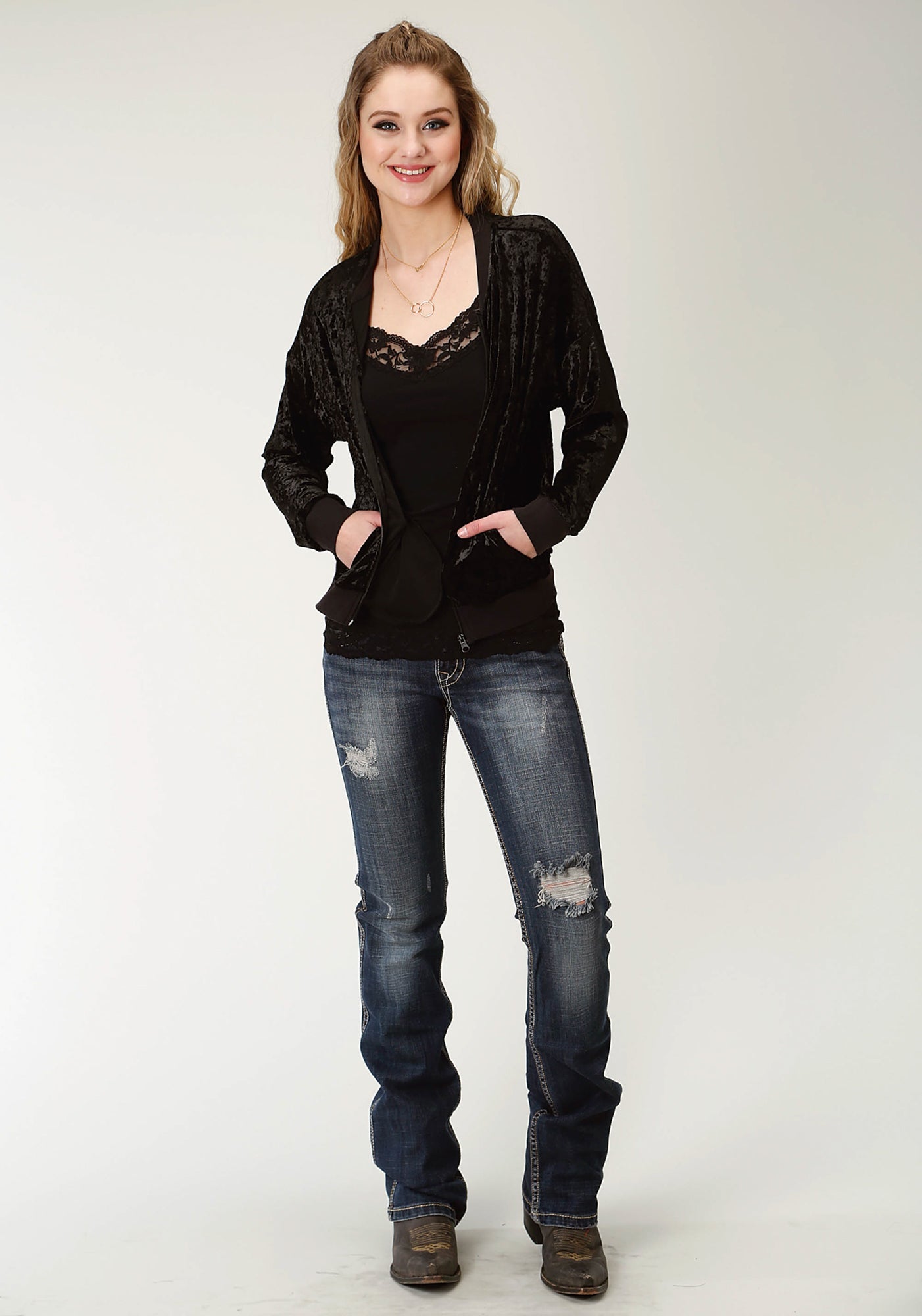 Roper Ladies Crushed Velvet Bomber Jacket Black - Size Large