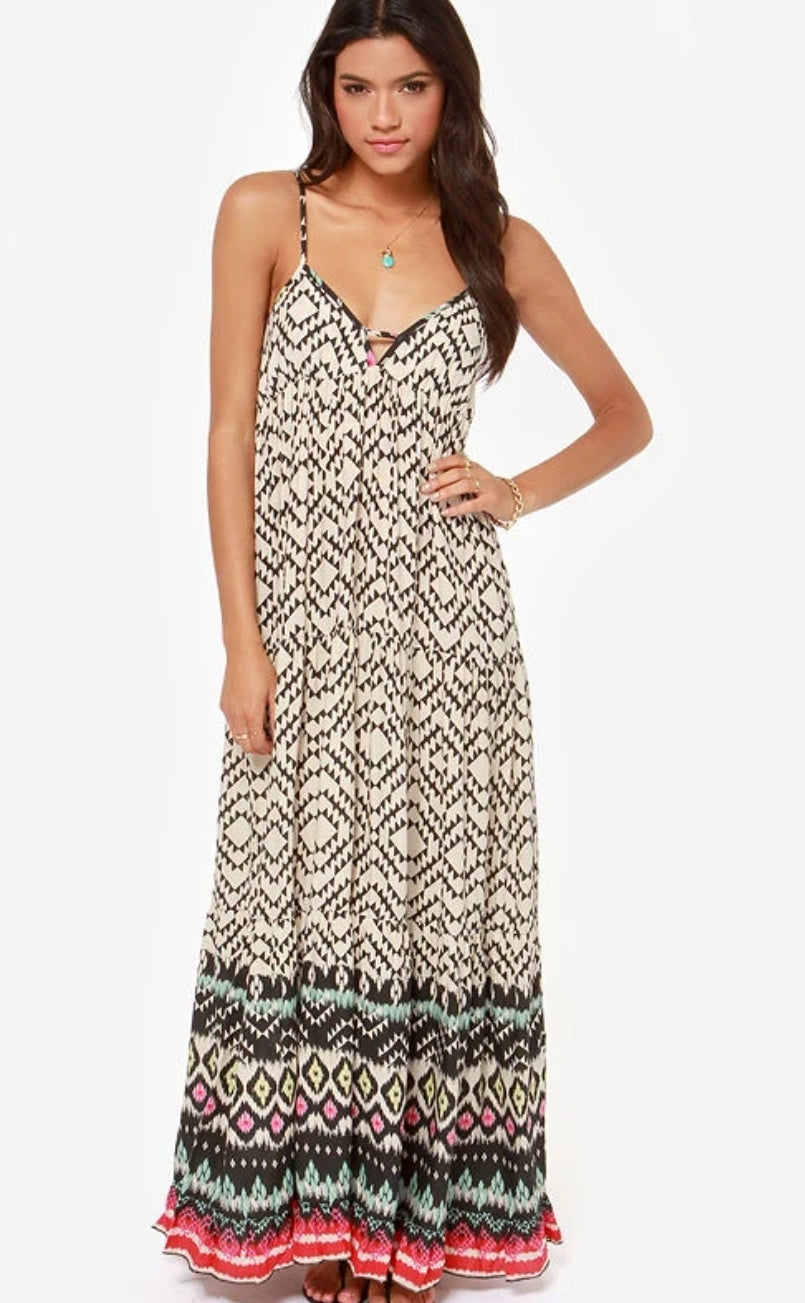 Billabong Women's Maxi Dress Brighter Than Black/Beige Print - Size Medium