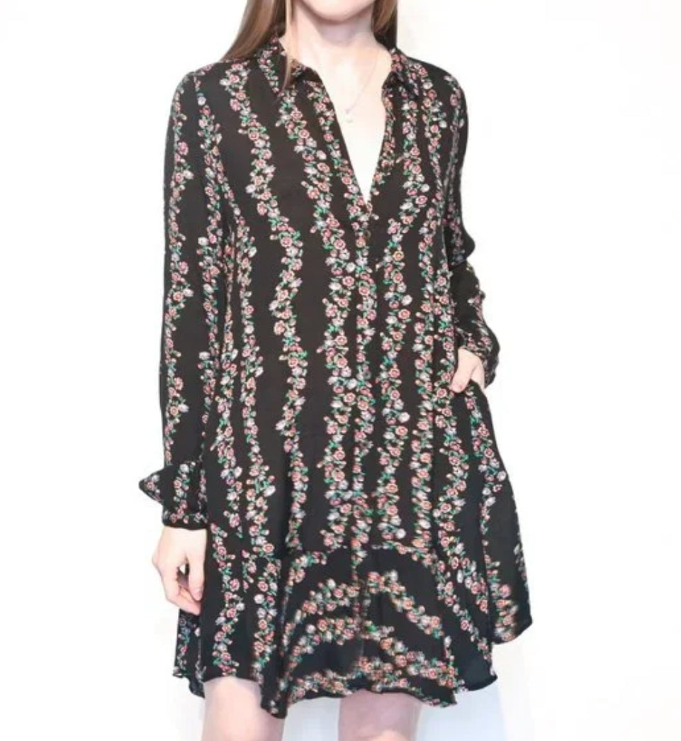 Free People Button Up Women's Dress Floral Black - Size Extra Small