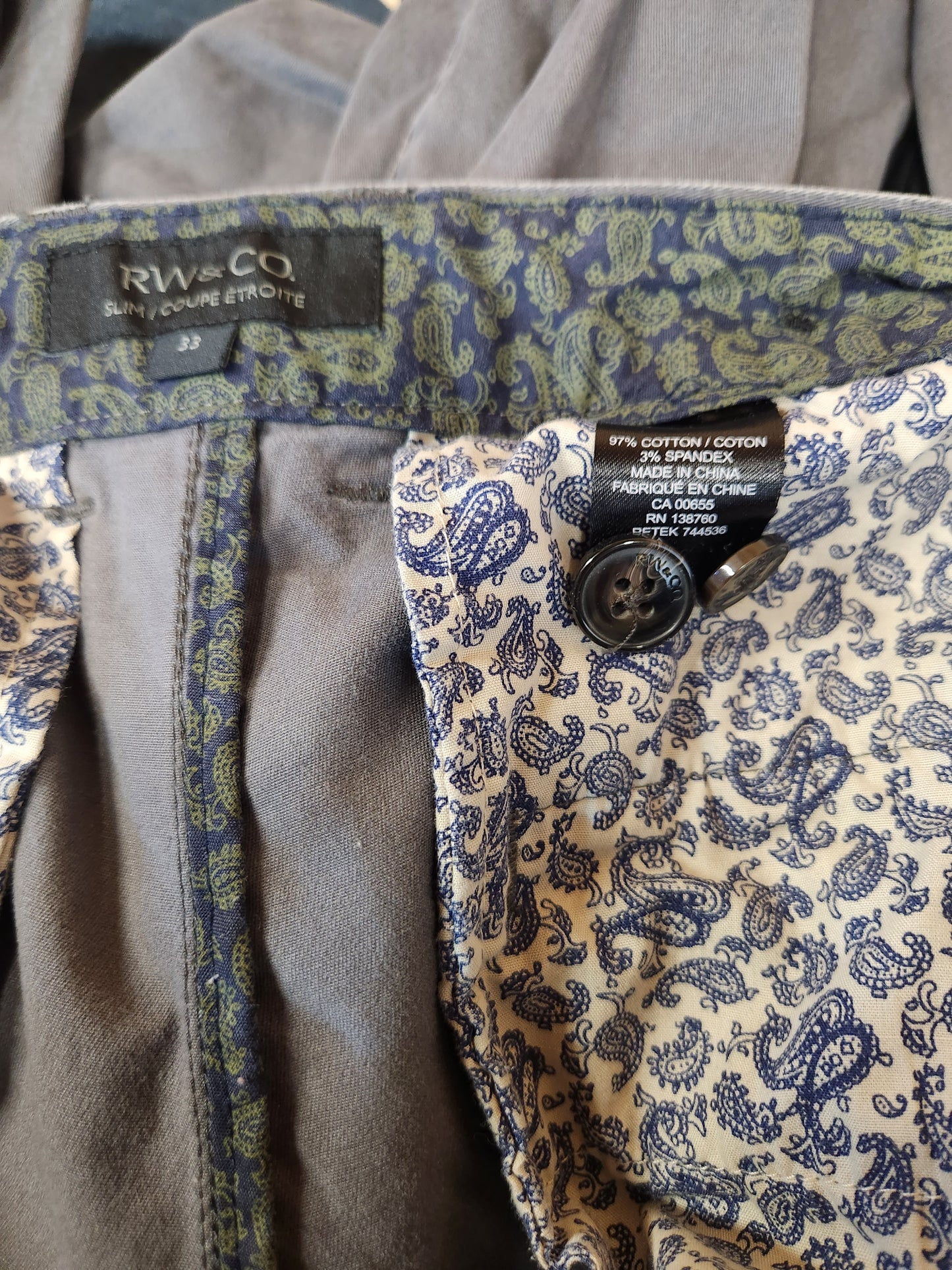 RW&CO. Men's grey slimfit chinos - 33x33