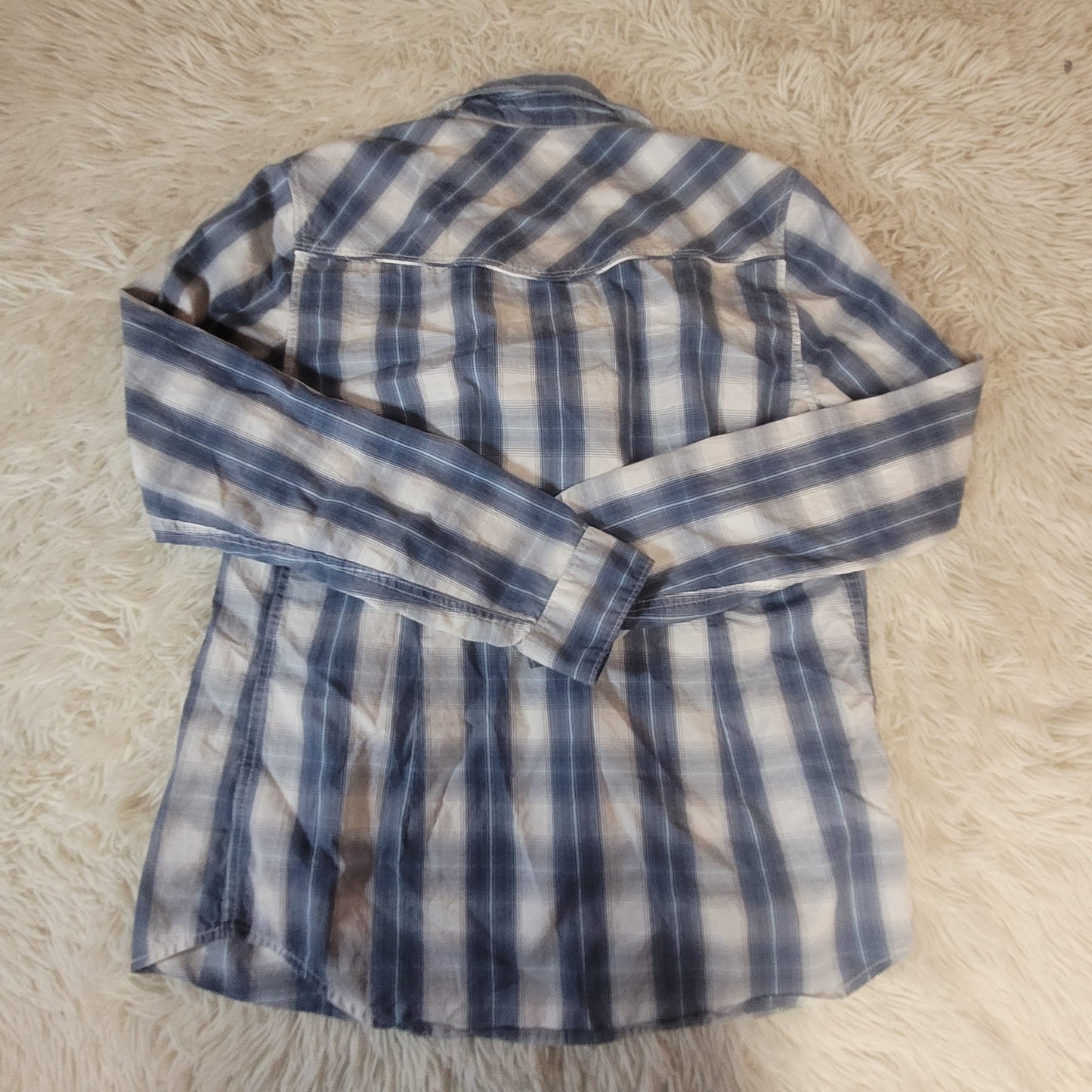 GUESS Long Sleeve Slim Fit Button Down Plaid White/Blue - Small