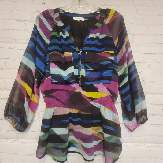 Calvin Klein Geometric Color V-Neck Blouse Multicolor - Medium