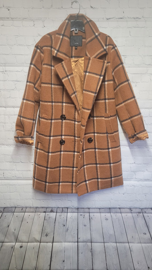 Steve Madden Plaid Long Fashion Coat Brown - Medium