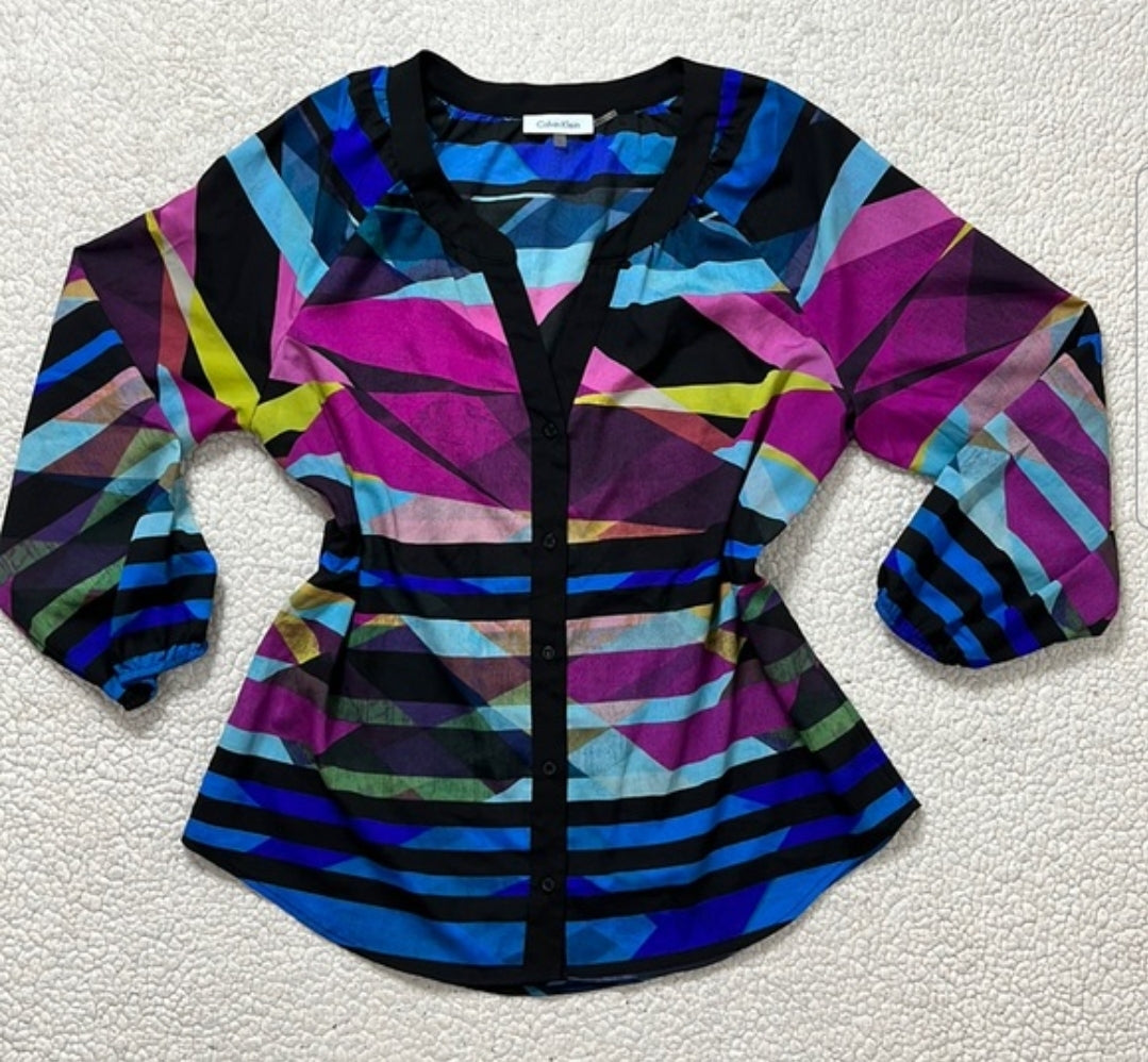 Calvin Klein Geometric Color V-Neck Blouse Multicolor - Medium