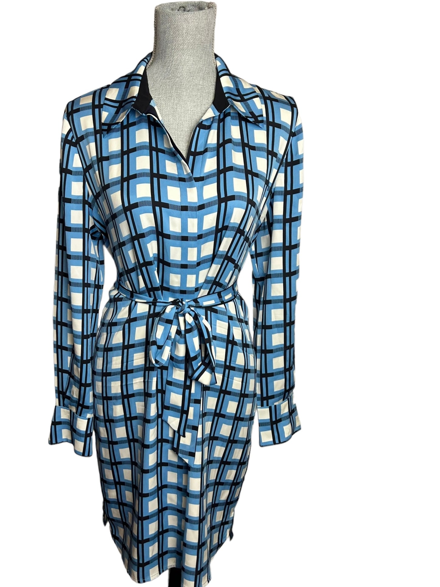 Diane Von Furstenberg Women's Slip Dress with Tie Blue Square Patterned - Size 6
