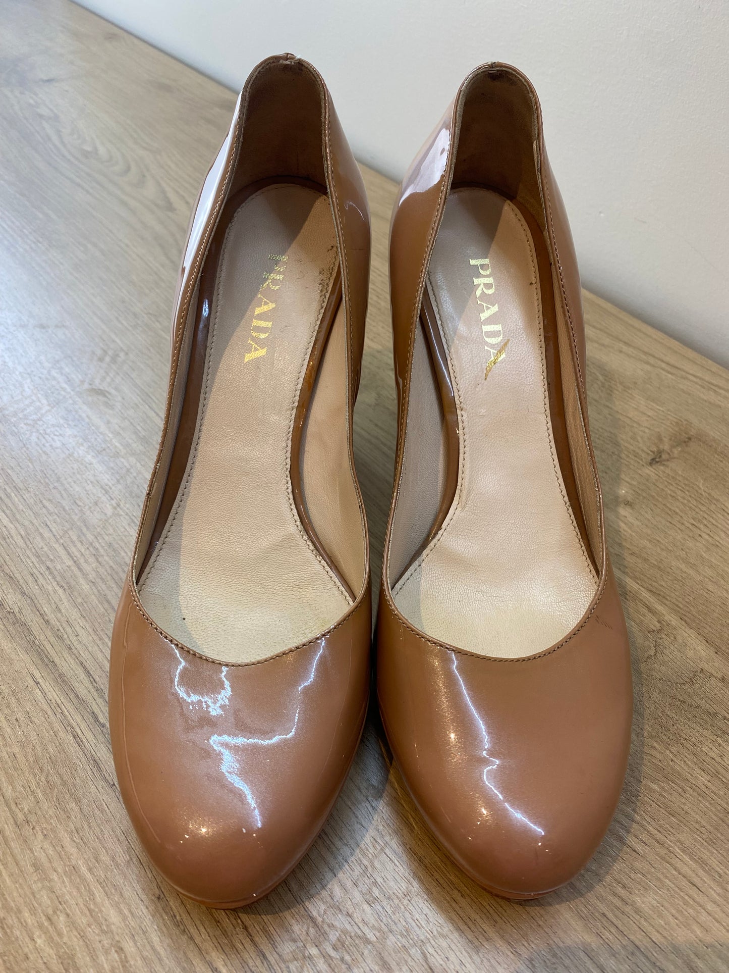 Prada Nude Patent Leather Platform Heels – Size 38