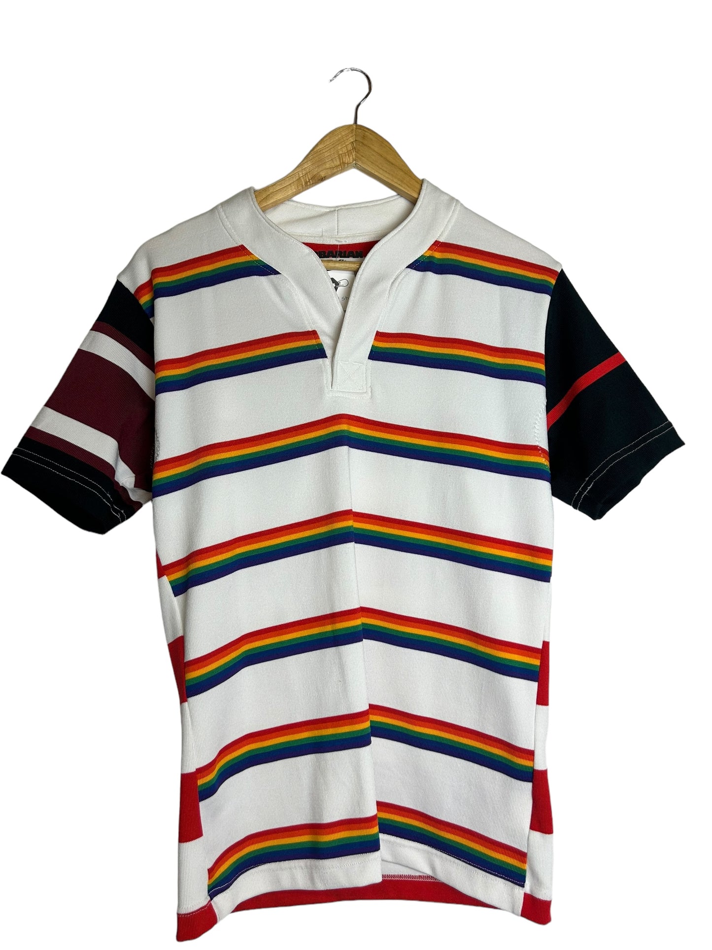 Barbarian Pro-Fit Men's Rugby Collared White Rainbow Stripe Polo Tee - Size S