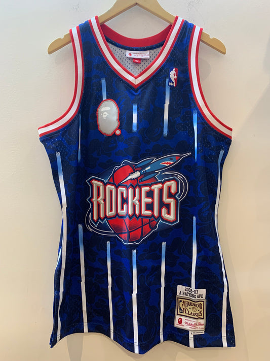 BAPE Rare Blue Pinstripe Rockets Mitchell & Ness Jersey - Size Medium
