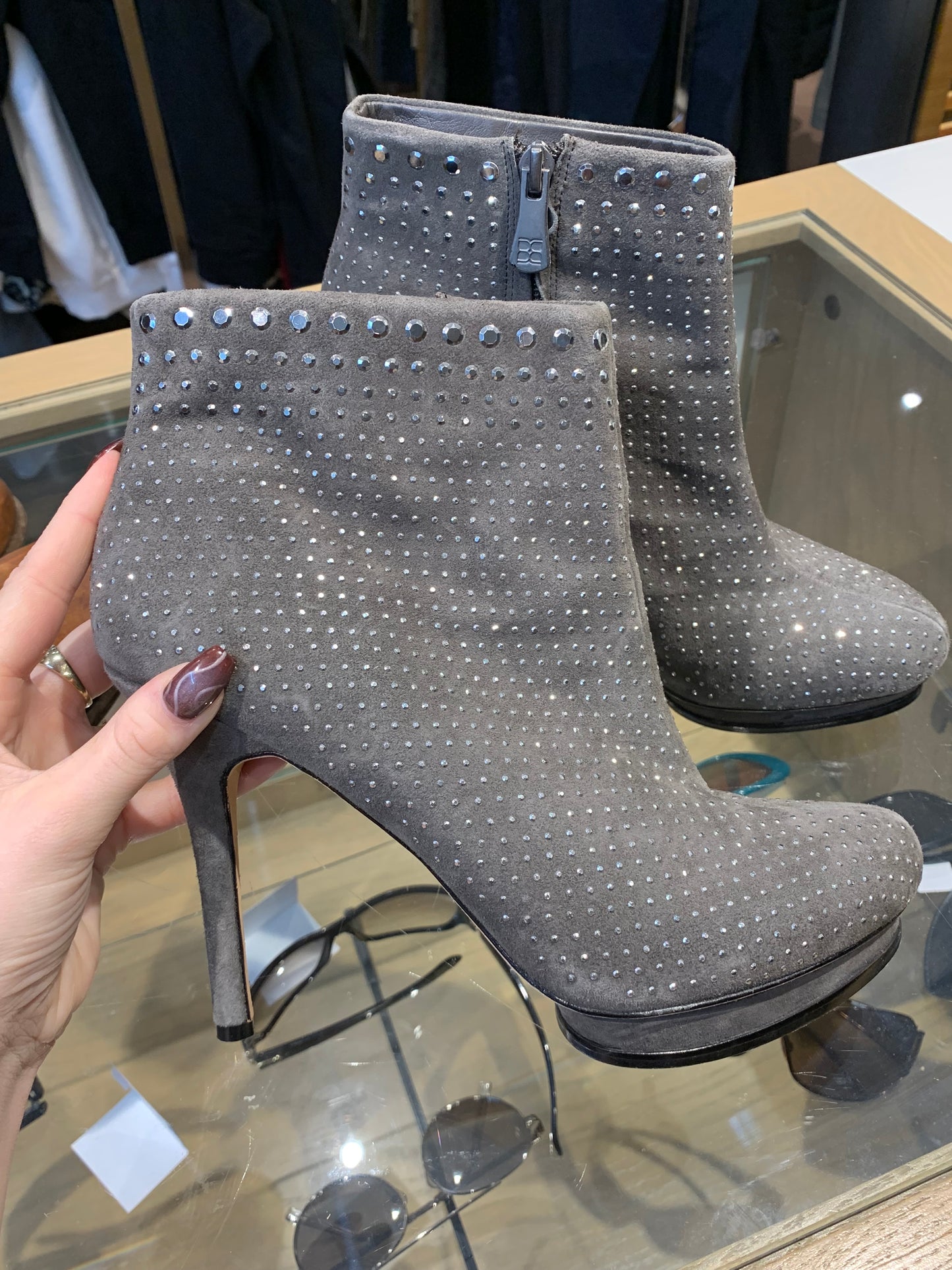 BCBG MaxAzria Grigio Studded Kid Suede Leather High Heel Bootie Grey - Size 9