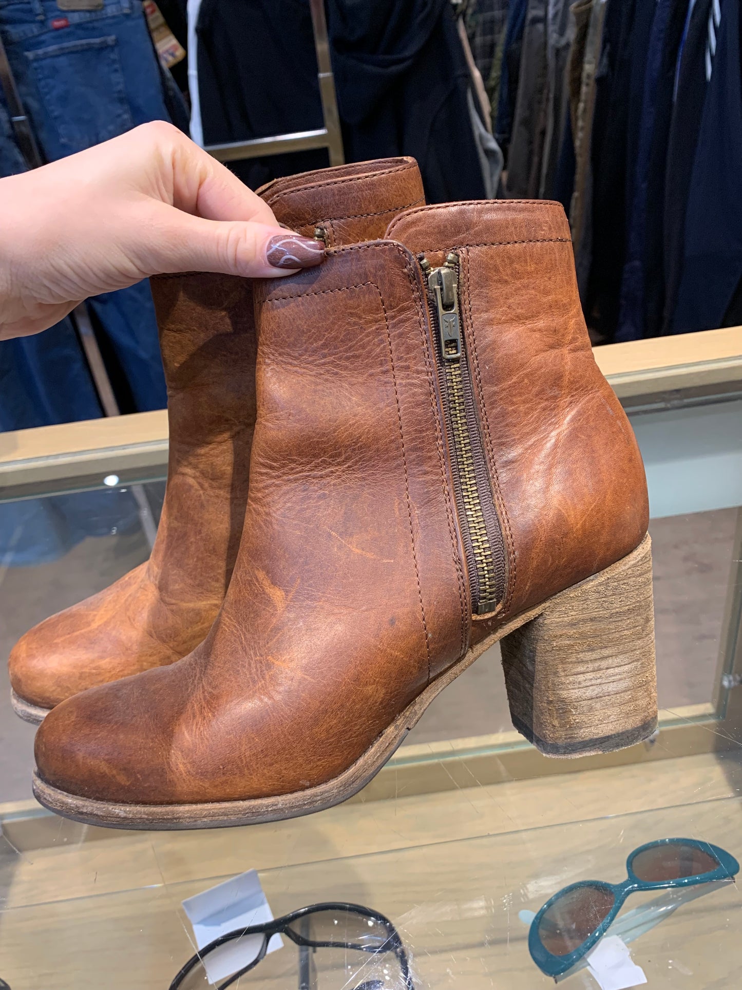 Frye Addie Double Zip Bootie Heels Brown - Size 8 B