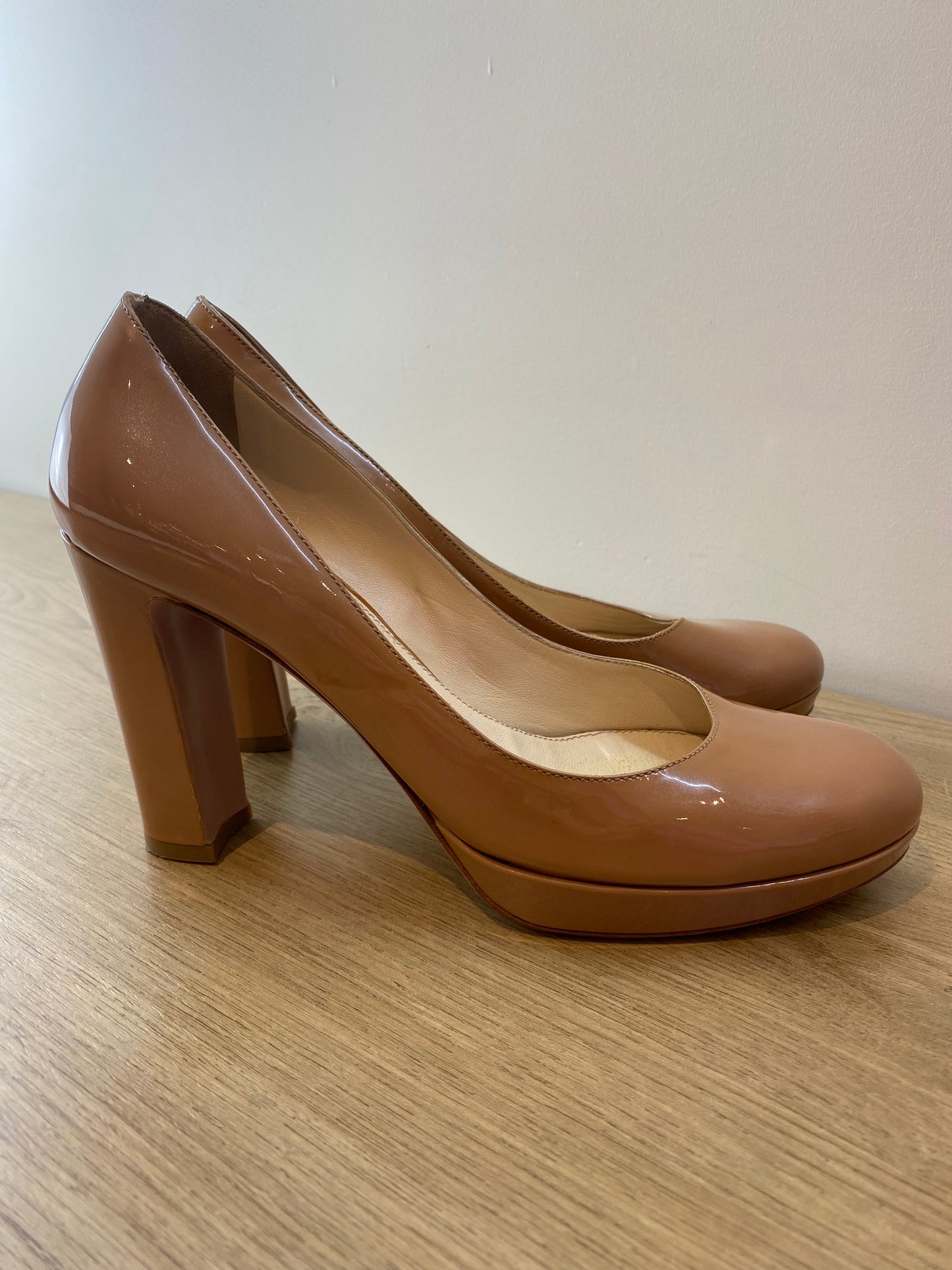 Prada Nude Patent Leather Platform Heels – Size 38