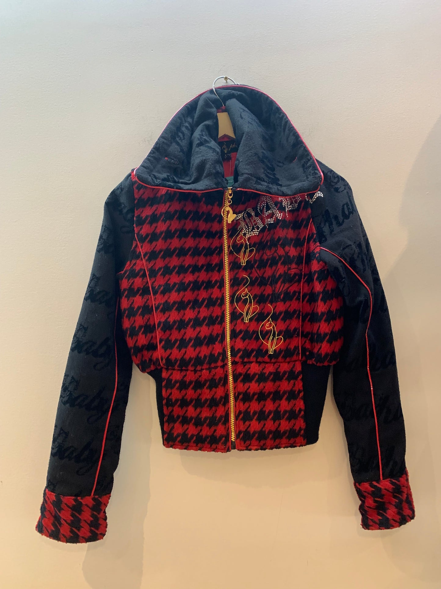 Baby Phat Houndstooth Zip Up Jacket Red/Black - Size Small