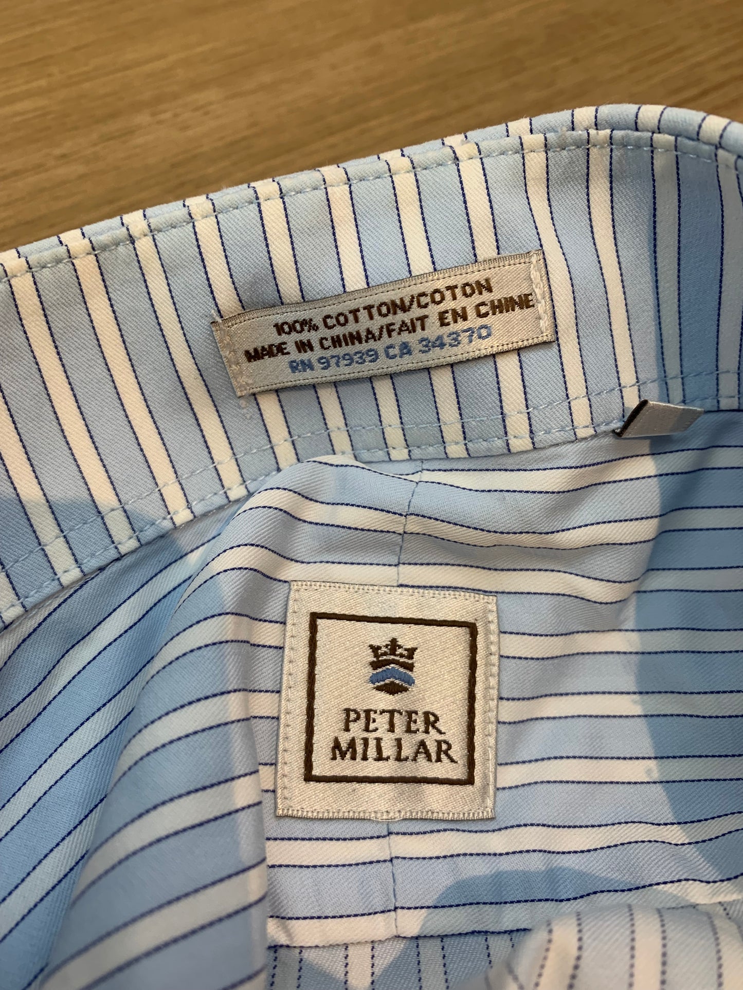 Peter Millar Striped Dress Shirt 100% Cotton Blue/White - Size 16/Large