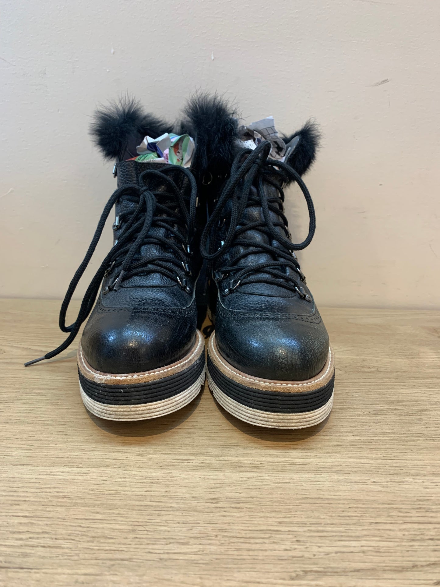 Napoleoni Leather Lace Ankle Boots w/ Rabbit Fur Trim Black - Size 7 (Italy)