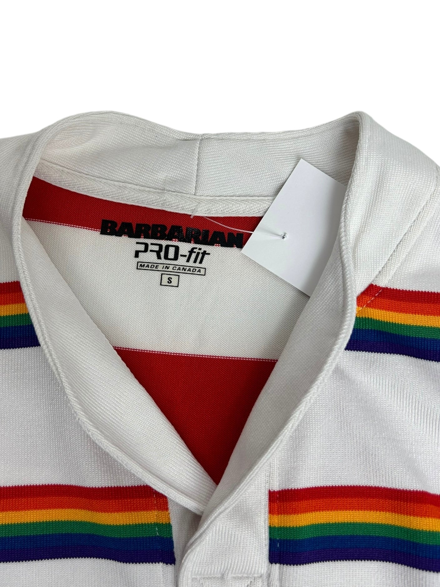 Barbarian Pro-Fit Men's Rugby Collared White Rainbow Stripe Polo Tee - Size S