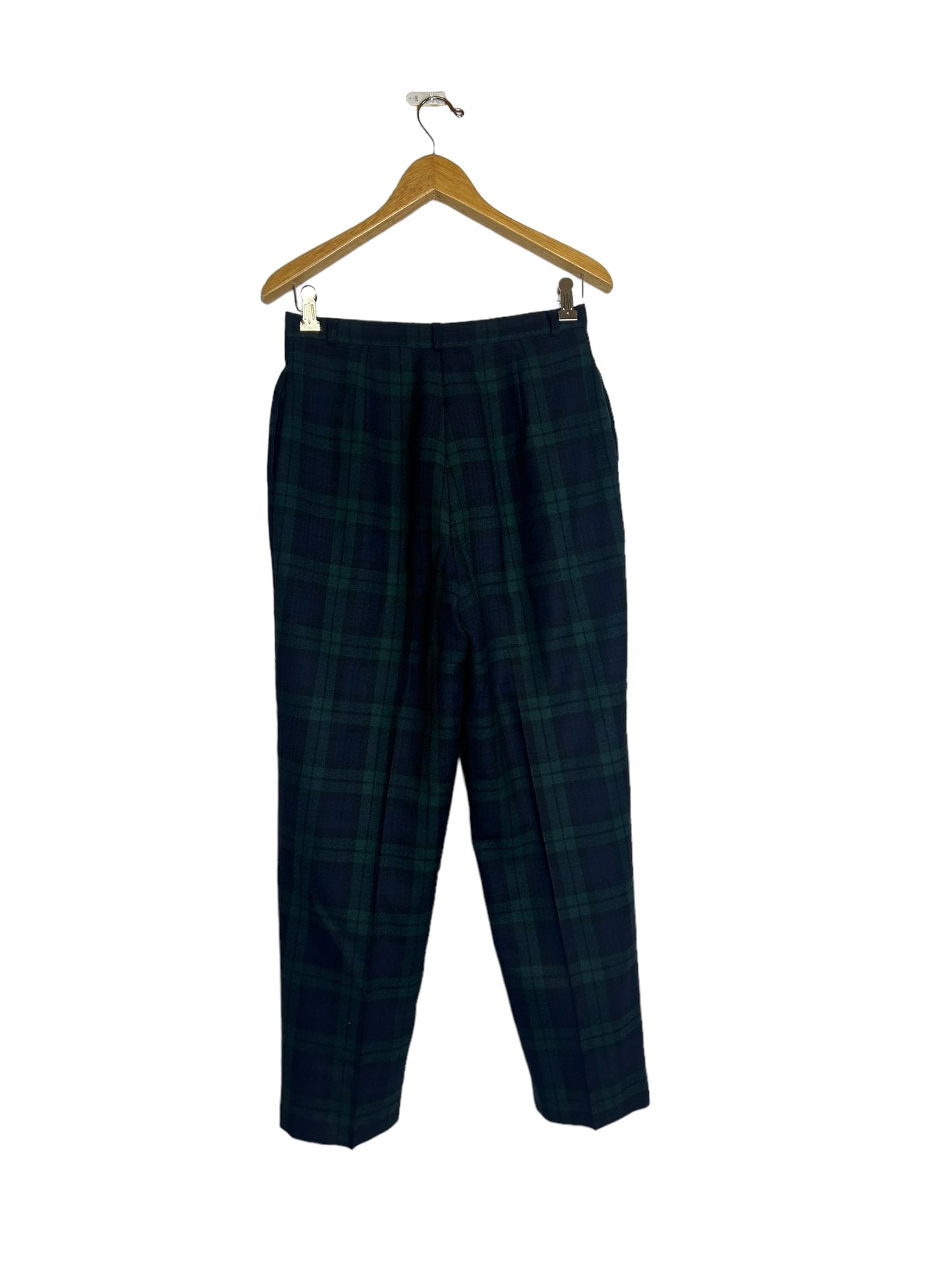 Pure New Wool Vintage Plaid Women's Trousers Blue & Green - Size Petite