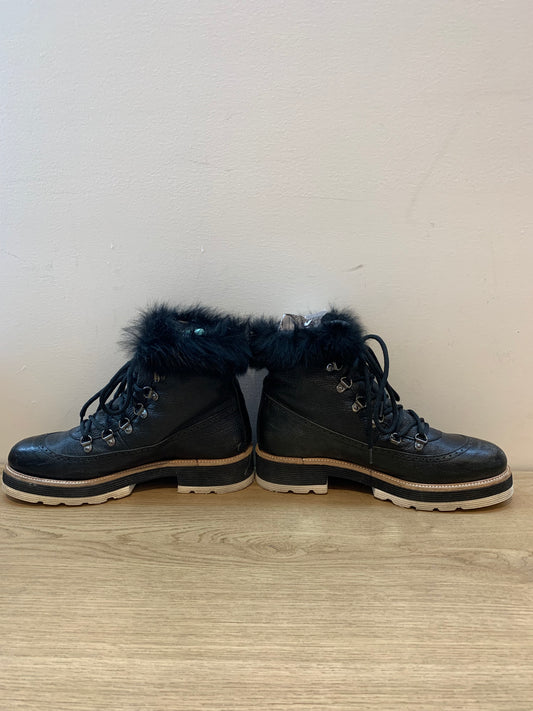 Napoleoni Leather Lace Ankle Boots w/ Rabbit Fur Trim Black - Size 7 (Italy)