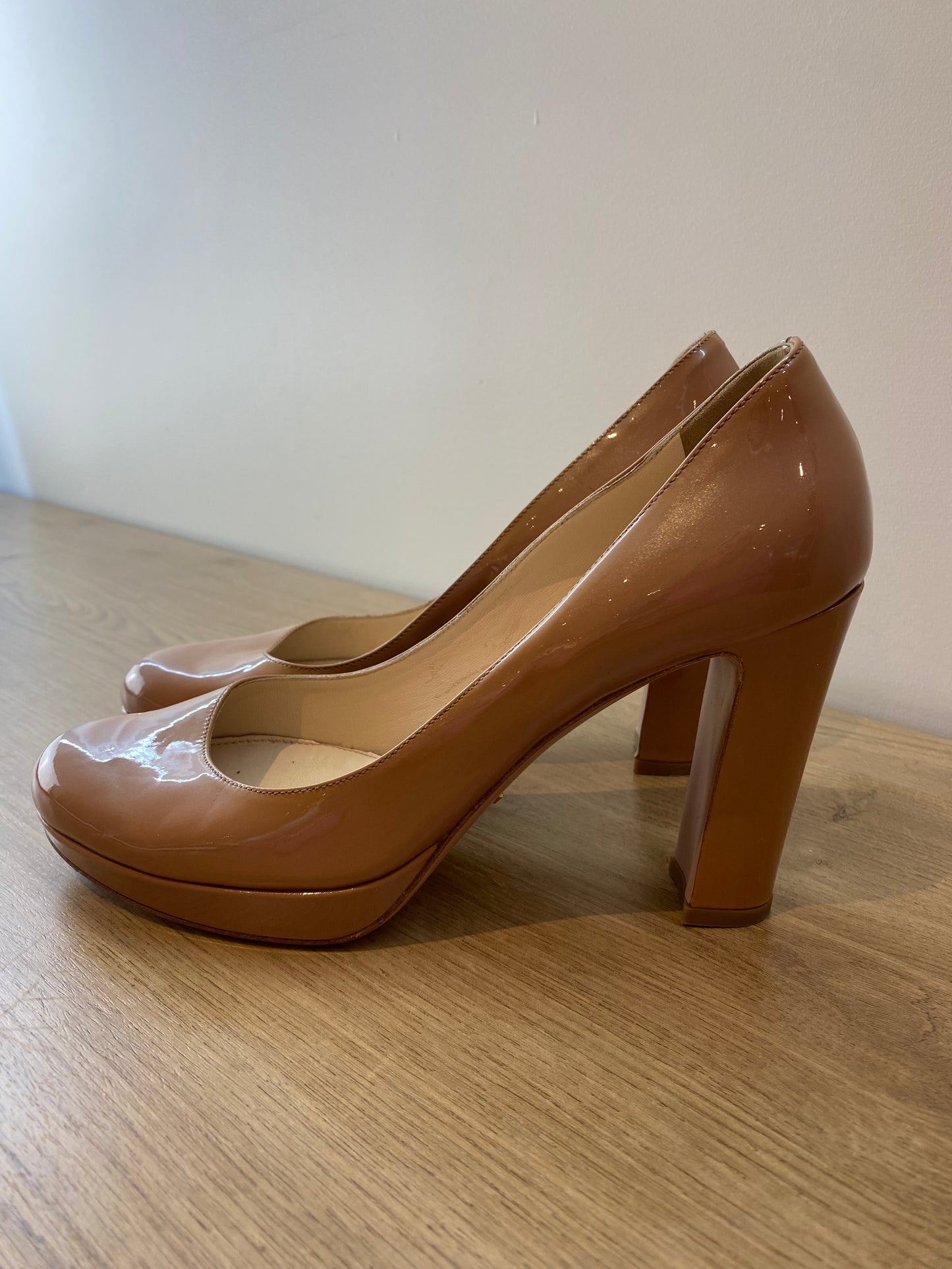 Prada Nude Patent Leather Platform Heels – Size 38