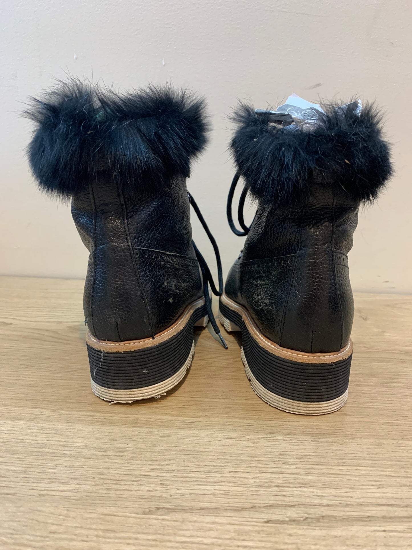 Napoleoni Leather Lace Ankle Boots w/ Rabbit Fur Trim Black - Size 7 (Italy)