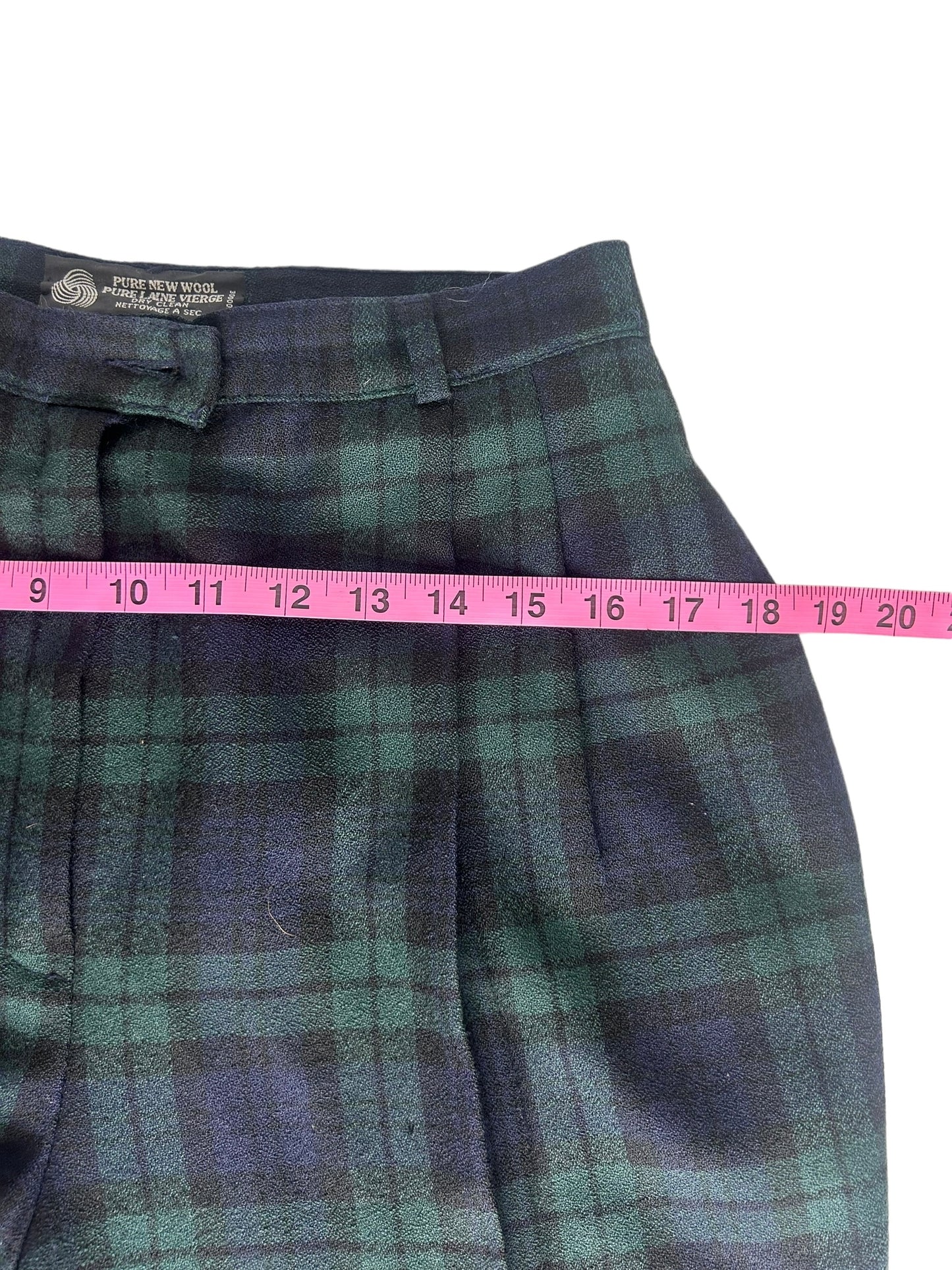 Pure New Wool Vintage Plaid Women's Trousers Blue & Green - Size Petite