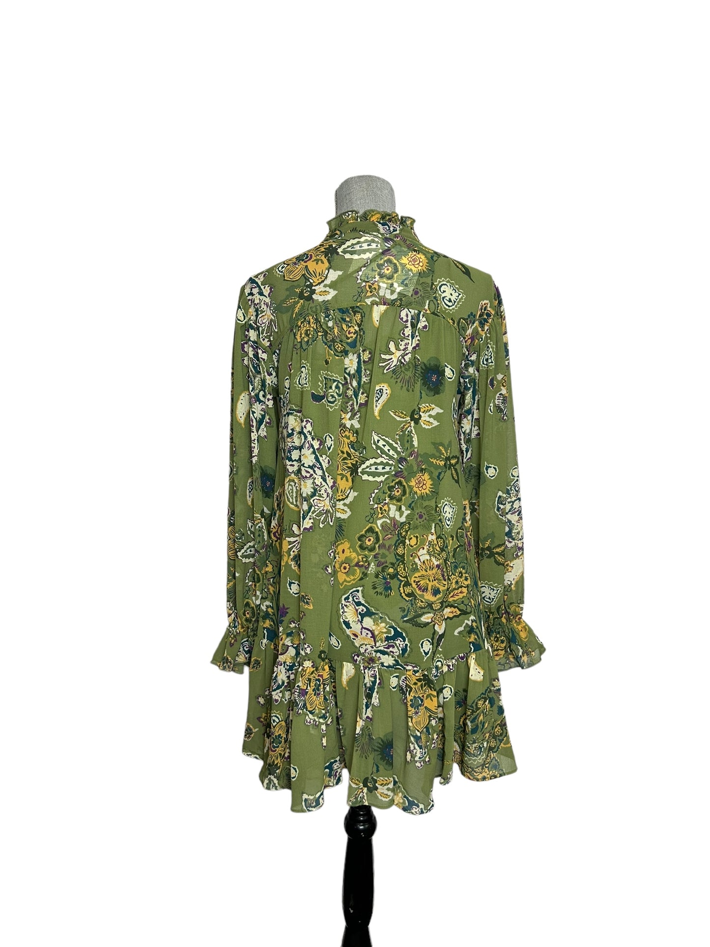 Free People Ruffle Neck Long Sleeve Women's Dress Floral Green - Size XS