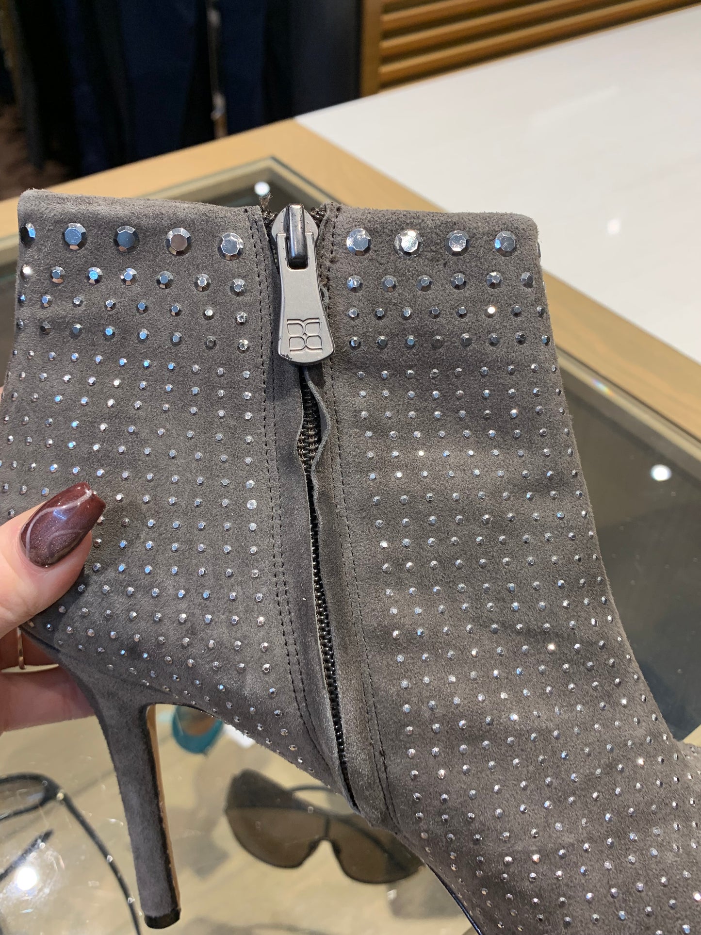 BCBG MaxAzria Grigio Studded Kid Suede Leather High Heel Bootie Grey - Size 9