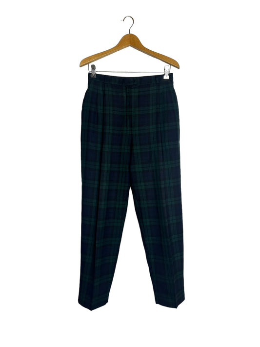 Pure New Wool Vintage Plaid Women's Trousers Blue & Green - Size Petite