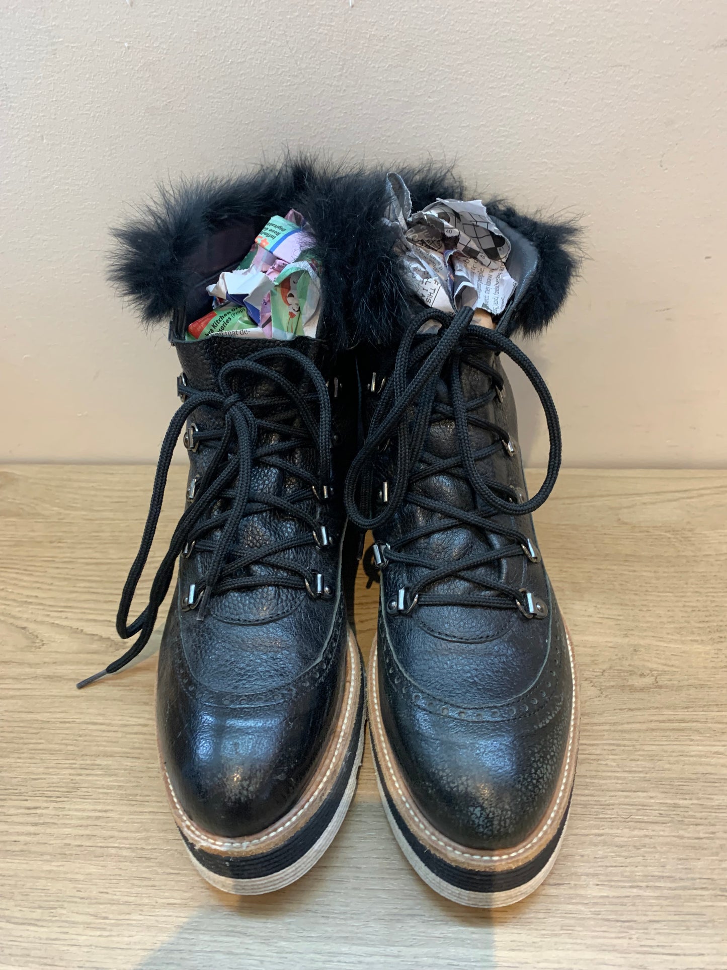 Napoleoni Leather Lace Ankle Boots w/ Rabbit Fur Trim Black - Size 7 (Italy)