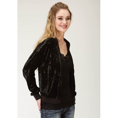 Roper Ladies Crushed Velvet Bomber Jacket Black - Size Large