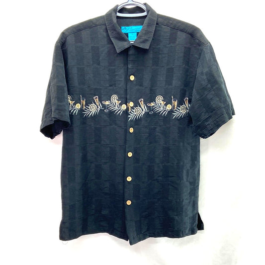 Vintage Paradise Blue Men's Silk Tropical Button-Up Shirt Black - Small
