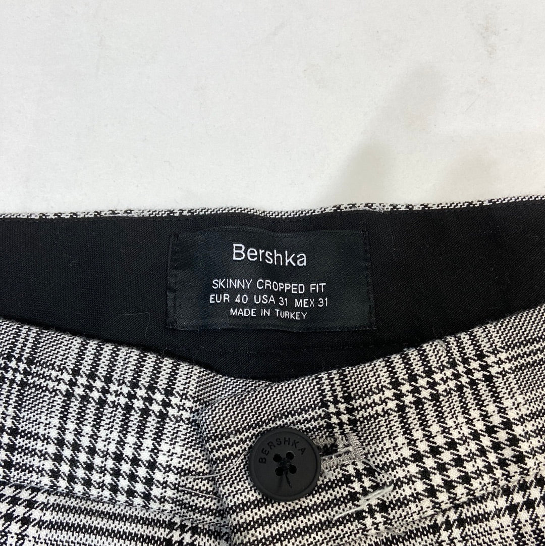 Bershka Men's Plaid Skinny Cropped Trousers Grey - Size 31