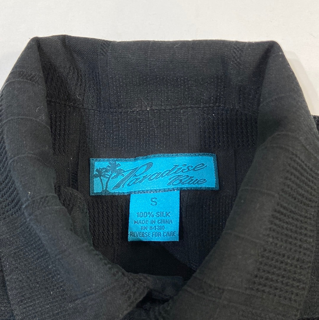 Vintage Paradise Blue Men's Silk Tropical Button-Up Shirt Black - Small