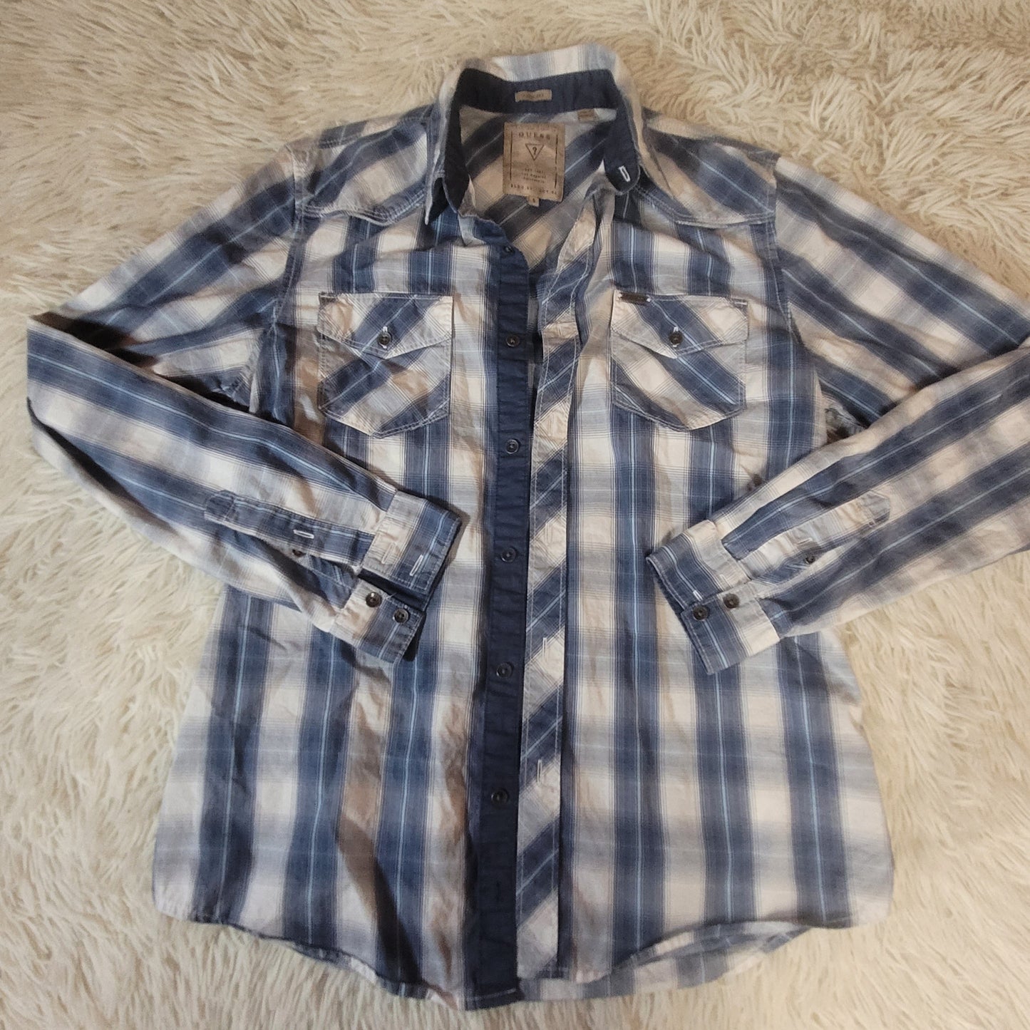 GUESS Long Sleeve Slim Fit Button Down Plaid White/Blue - Small